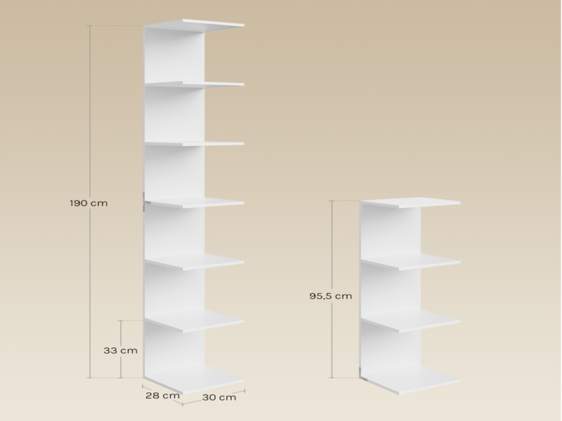Schema del prodotto che mostra due mensole bianche a parete. L'unità più grande misura 160 cm di altezza con più ripiani, l'unità più piccola è mostrata con dimensioni 96,5 cm. Entrambi sembrano avere una larghezza di 40 cm.