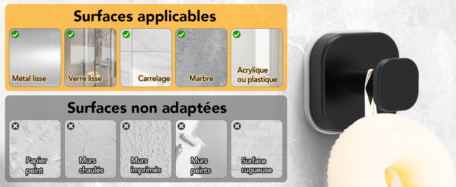 Unidad negra montada en la pared con esquinas redondeadas y una protuberancia circular blanca. Los iconos de arriba indican superficies compatibles: metal, madera, azulejo, piedra y plástico. Las superficies incompatibles se muestran a continuación.