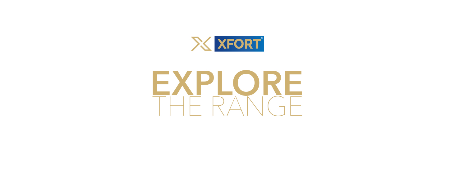 Simple text-based advertisement showing 'XFORT' and 'EXPLORE THE RANGE' in gold and blue lettering on white background.