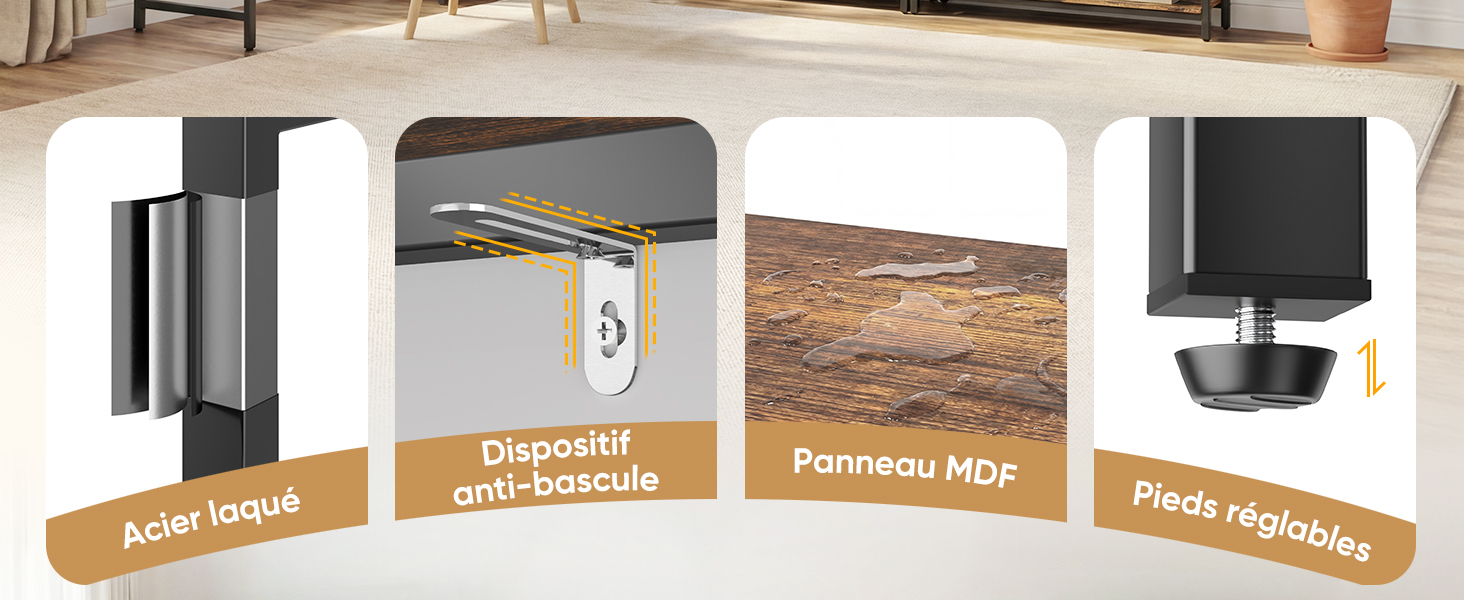 Série d'icônes et d'étiquettes montrant différentes positions d'inclinaison et caractéristiques de ce qui semble être du mobilier, notamment « Panneau multi » et « Pieds réglables ».