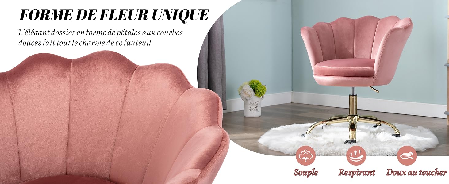 Le texte indique « FORME DE FLEUR VELVET ». Images du produit d'un canapé sectionnel en velours rose au design incurvé ressemblant à un pétale de fleur, présentées sous plusieurs angles.