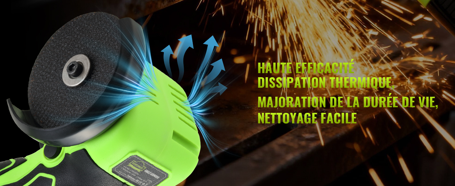 Le texte indique « DISSIPATION THERMIQUE » et « NETTOYAGE FACILE ». Gros plan d'un disque à découper ou à meuler circulaire vert fluo et noir sur fond sombre avec des effets d'étincelles.