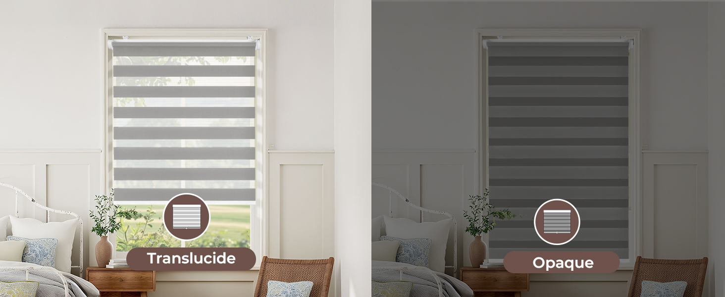 Texte : « Translucide » et « Opaque ». Image divisée montrant des stores dans deux réglages d'opacité différents dans un décor intérieur moderne.