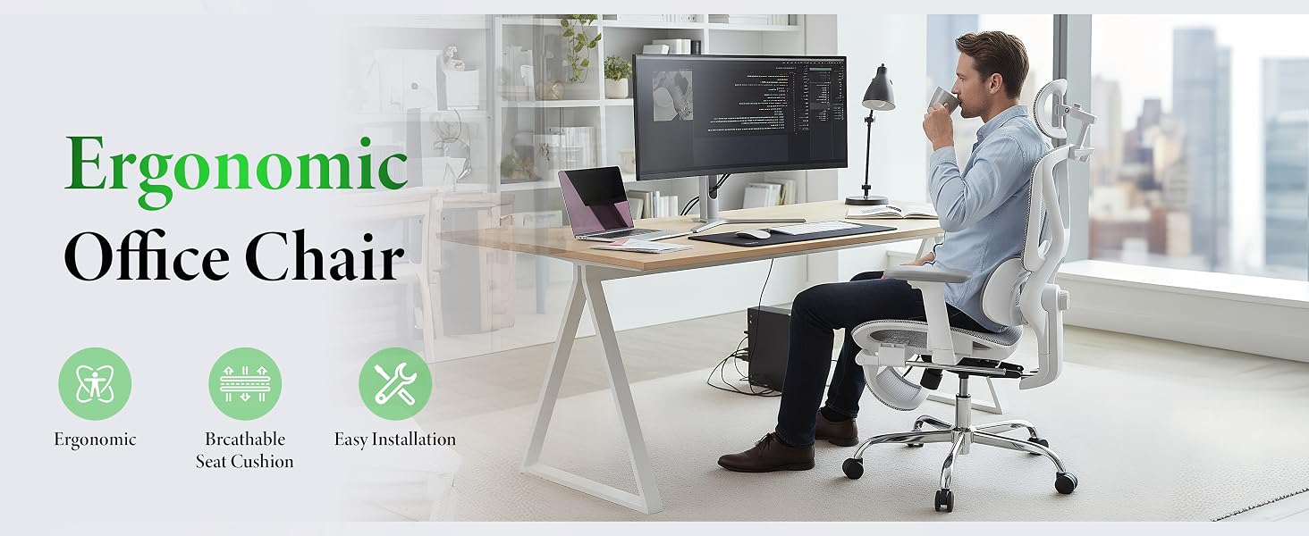 Text reads 'Ergonomic' and 'Office Chair'. Shows office chair product demonstration with ergonomic feature icons and multiple views of the chair.