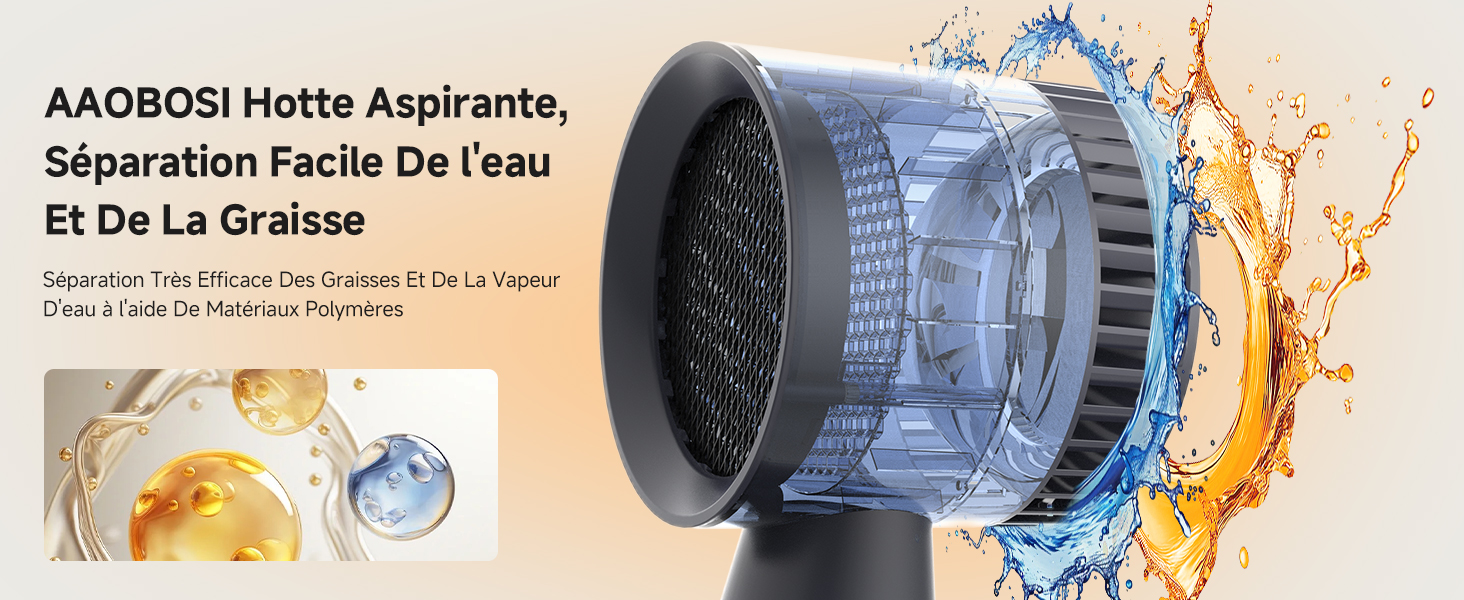 avec corps en plastique transparent et intérieur foncé. Le texte indique qu'il sépare l'eau de la graisse. Graphique représentant des éclaboussures d'eau et des gouttelettes d'huile
