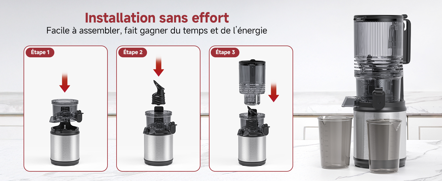 Le texte indique « Installation sans effort ». Guide d'installation du produit présentant la séquence d'assemblage étape par étape de ce qui semble être un contenant métallique ou un système de distribution.