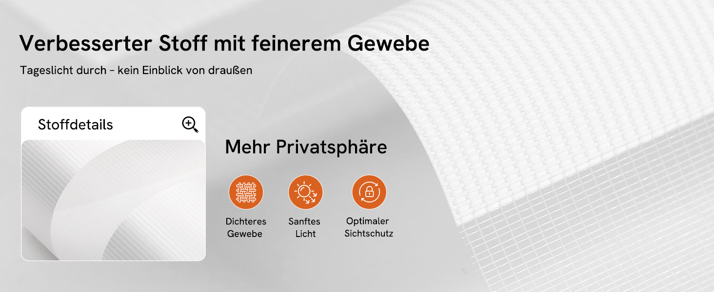 Der Text lautet „Verbesserter Stoff mit feinerem Gewebe“ und „Mehr Prüfpunkte“. Graues Stoffmuster mit vergrößertem Texturvergleich, das eine verbesserte Webqualität und verbesserte Testpunkte zeigt.