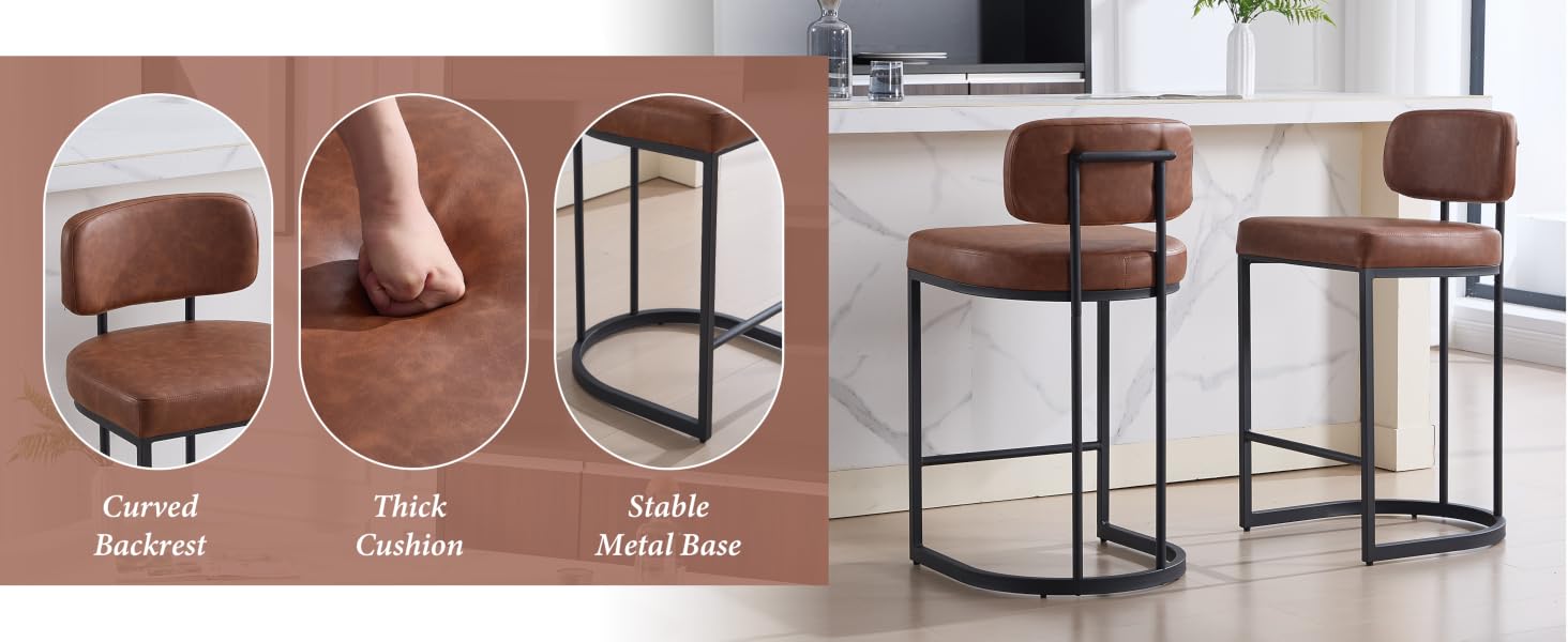 Technical diagram showing front and side views of brown upholstered counter stool with black metal frame. Measurement annotations indicate dimensions.