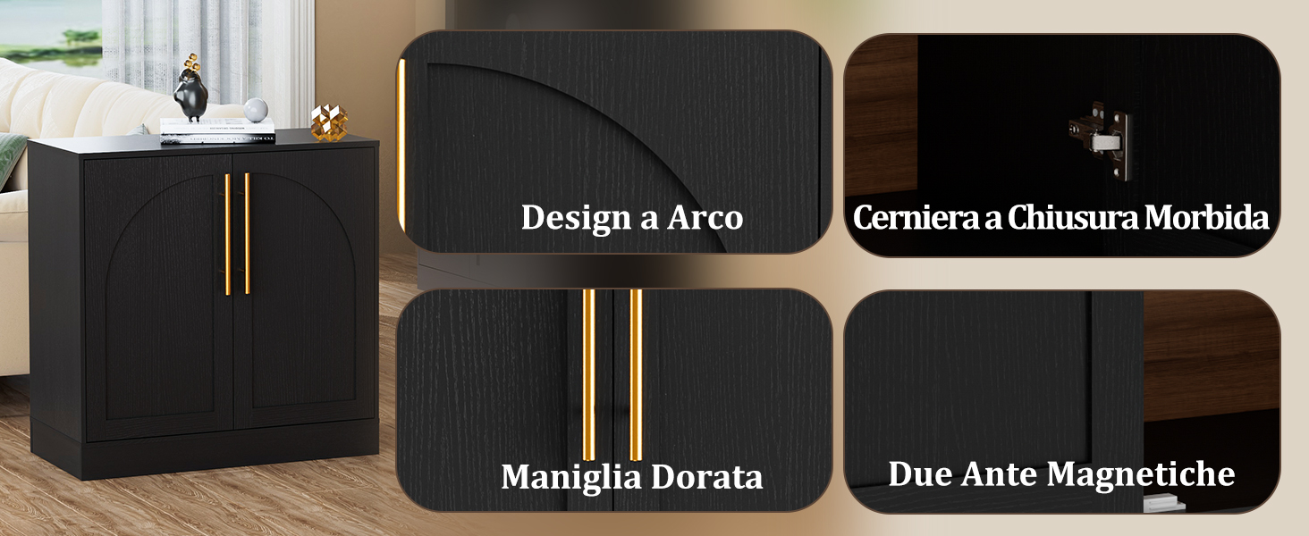 Armadio o mobiletto moderno nero con maniglie dorate, mostrato da diverse angolazioni che mostrano scaffali interni e spazio per appendere.