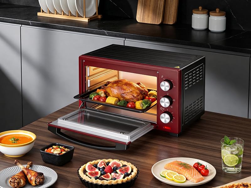 Forno elettrico da banco rosso e nero con porta in vetro, con pollo arrosto all'interno. Vari piatti e bevande visibili sul bancone.