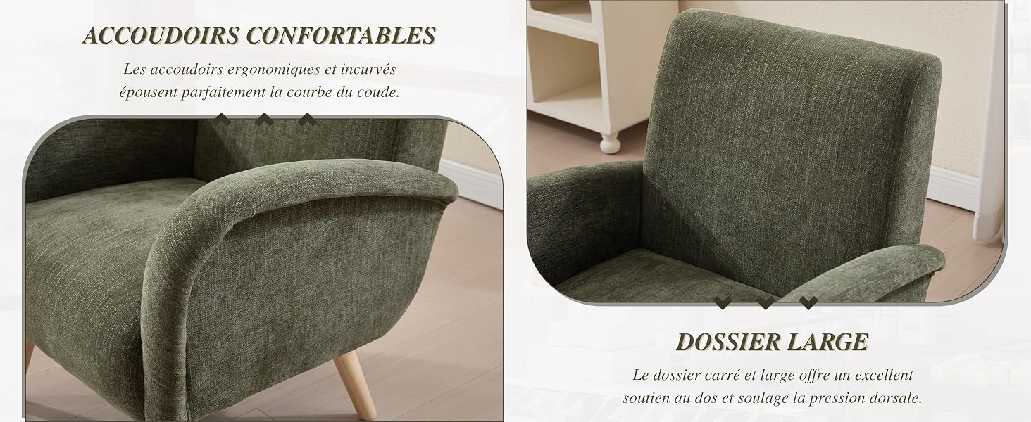 Le texte indique « ACCOUDOIRS CONFORTABLES », « DOSSIER LARGE ». Deux vues d'une chaise rembourrée présentant des détails d'accoudoir et de dossier en tissu gris.