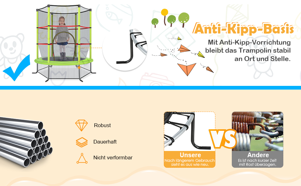 Ø140cm Gartentrampolin mit Sicherheitsnetz, Trampolin bis 45KG belastbar, Indoor-/Outdoortrampolin 