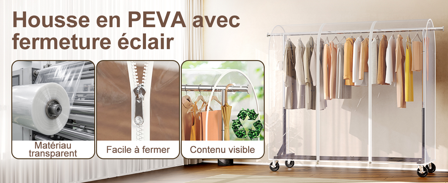 Le texte se lit comme suit : « Housse en PEVA avec fermeture éclair ». Sac de rangement sous vide avec fermeture à glissière illustré de plusieurs images de produits : machine à laver, sac plié, contenu organisé et système de présentation à tringle suspendue pour un rangement organisé.