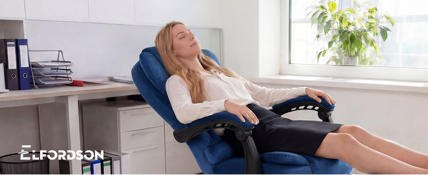 Text reads "LIFORSON". Woman reclines in blue ergonomic chair at desk, demonstrating comfort position with legs extended in home office with plants and shelving.