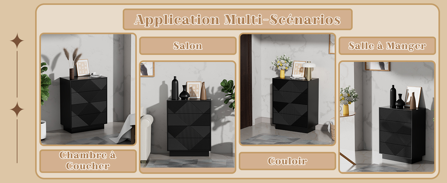Séquence de démonstration du produit montrant une boîte ou un support décoratif noir sur le thème du château sous plusieurs angles sur fond beige.