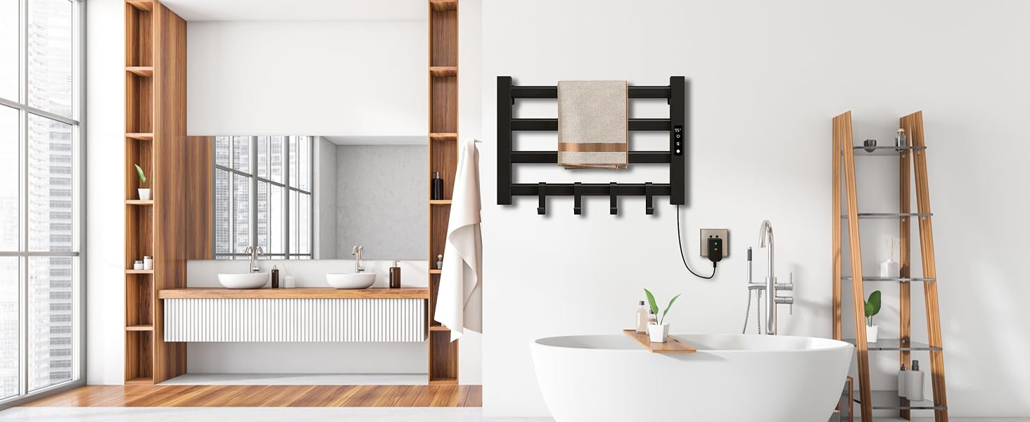 Interior de baño moderno con una bañera independiente blanca, un toallero negro, un estante de madera y un tocador minimalista con