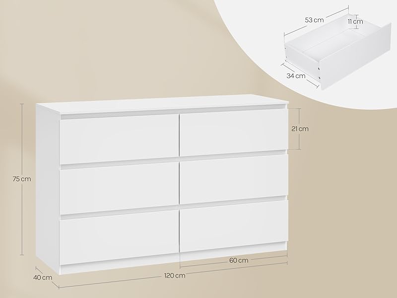 Commode blanche à six tiroirs dont les dimensions sont indiquées dans le schéma technique. Design épuré et minimal sur fond beige.