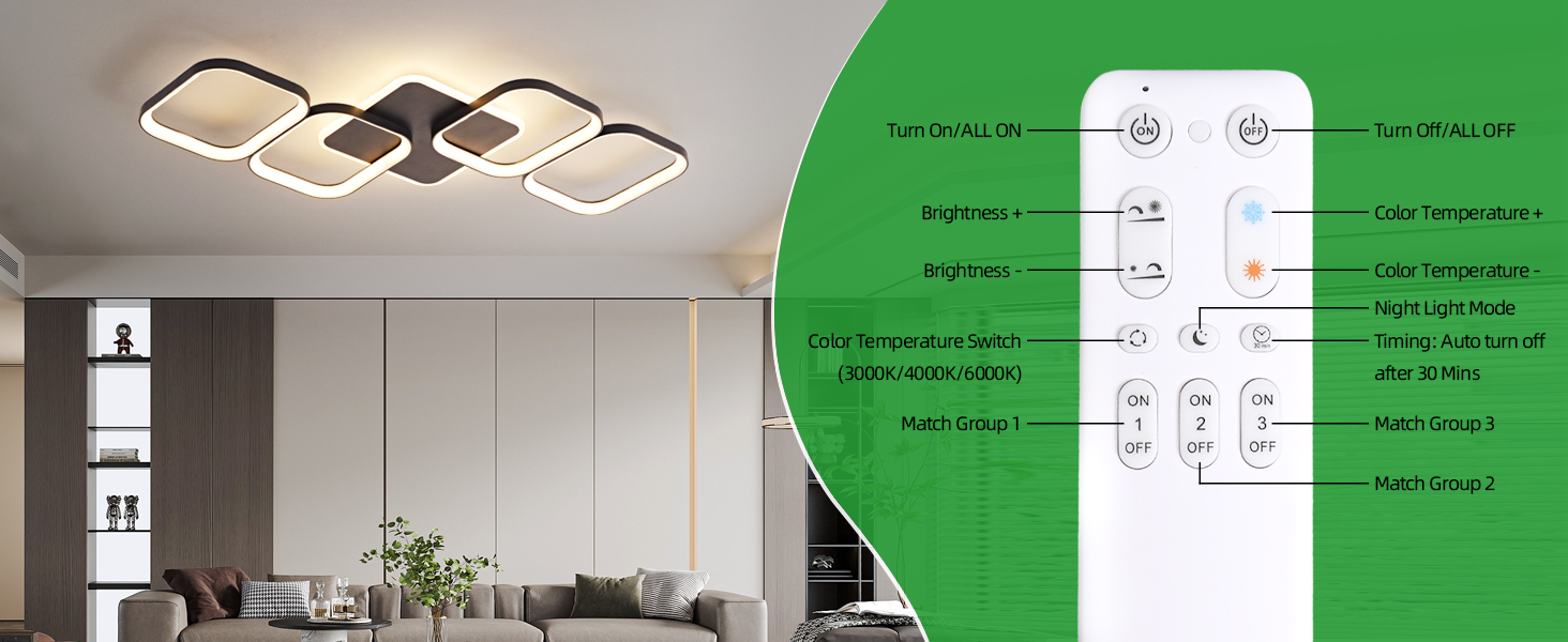 Modernes Wohnzimmer mit geometrischer LED-Deckenleuchte. Das rechte Bedienfeld zeigt die Smart-Home-Steuerungsoberfläche mit Temperatur- und Lichteinstellungen.