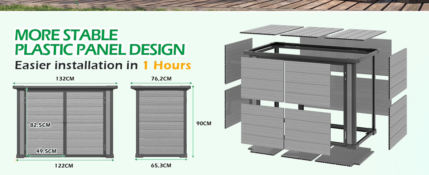 Der Text lautet: „Stabileres Kunststoffpaneel-Design, einfachere Installation in einem Stück“. Das Diagramm zeigt das modulare Kunststoffpaneelsystem in den Farboptionen Grau und Schwarz mit Montageanleitung.