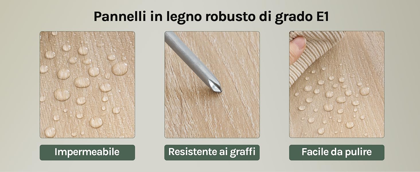 Tre pannelli che mostrano robusti pannelli in legno: gocce d'acqua sulla superficie, punta della penna contro il legno e venature del legno pulite.