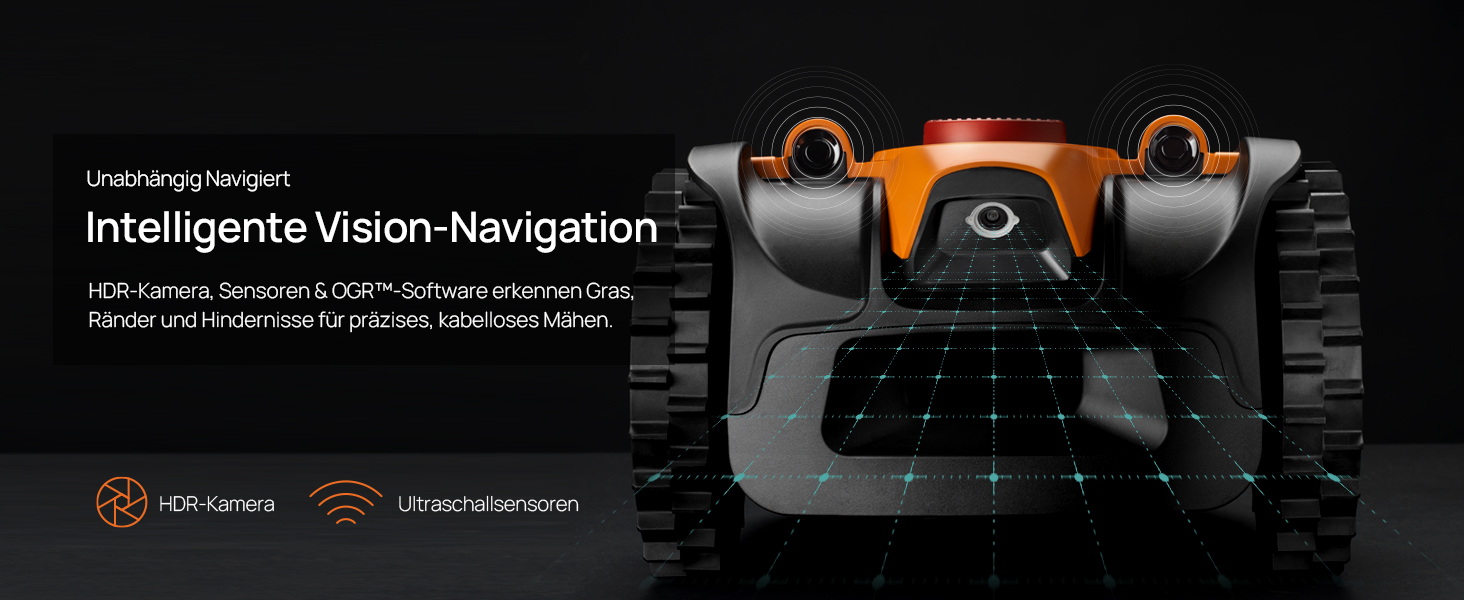 Der Text lautet „Intelligent Vision Navigation“. Marketingbild, das ein orangefarbenes und schwarzes Robotergerät vor dunklem Hintergrund mit technischen Benutzeroberflächenelementen zeigt.