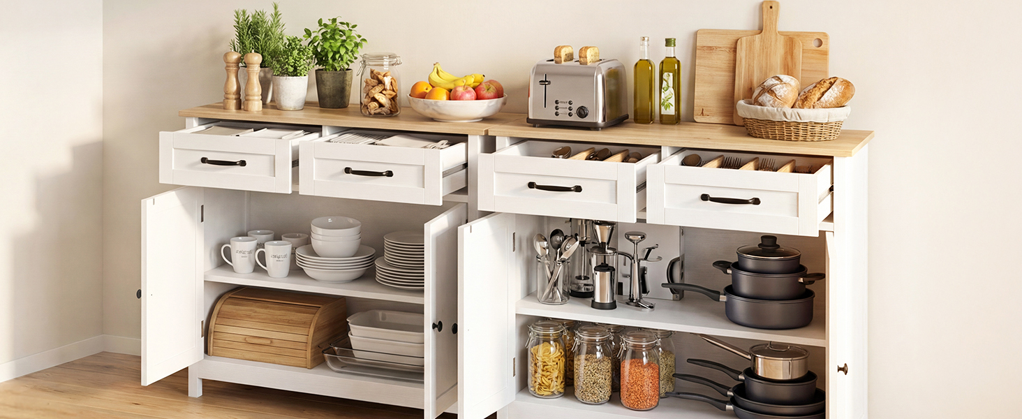 Vues supplémentaires du même système de rangement de comptoir de cuisine modulaire blanc montrant différents arrangements de rangement et scénarios d'utilisation.