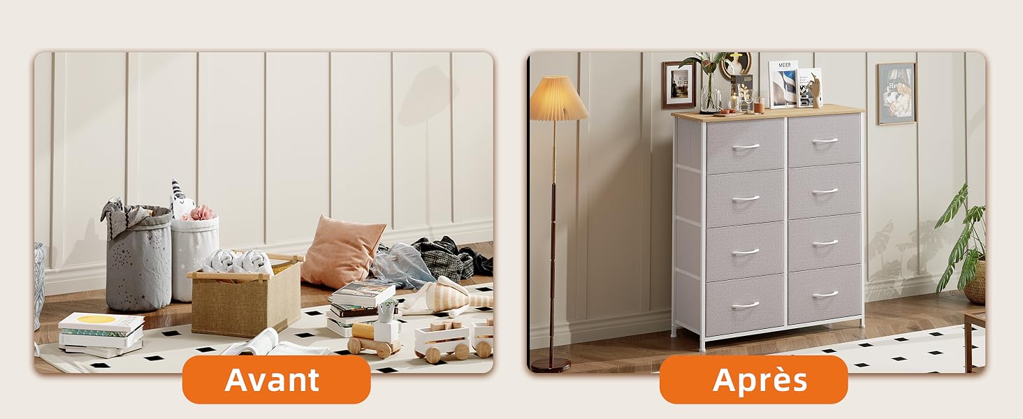 Le texte se lit comme suit : « PRIMA » (étiquette orange, à gauche), « DOPO » (étiquette orange, à droite). Comparaison de cuisines à écran partagé montrant une armoire désorganisée à gauche et un intérieur organisé avec des conteneurs de rangement à droite.