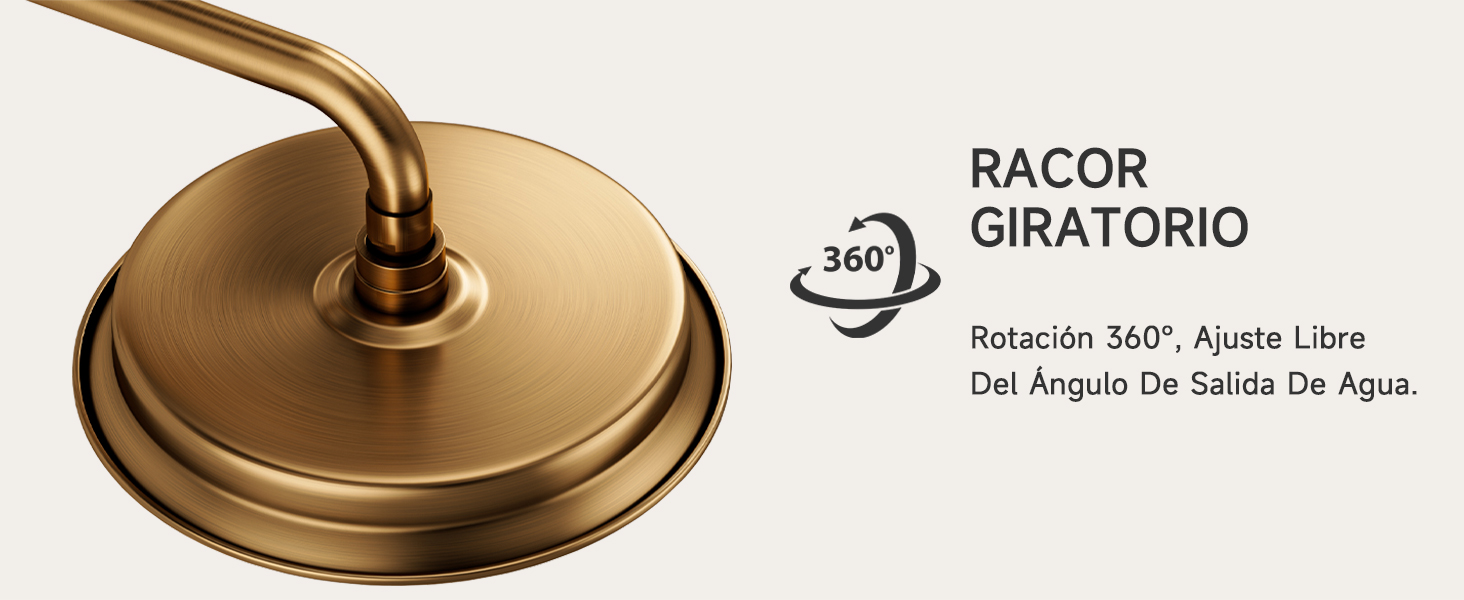 El texto dice «RACOR GIRATORIO» y «360°» con el subtítulo «Rotación 360° Alrededor del Ángulo De Salida De Agua». Conector de agua giratorio de color latón con tubo de salida curvo y placa base circular.