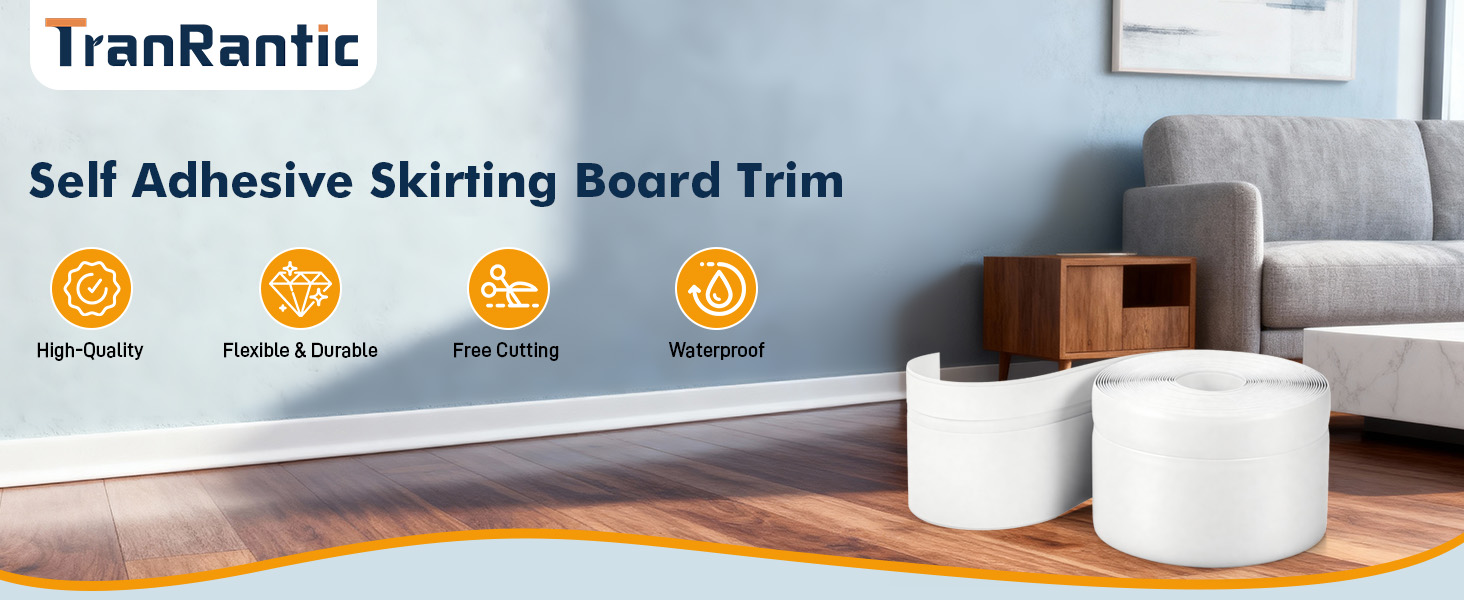 Text reads 'TranRantic Self Adhesive Skirting Board Trim'. White baseboard trim shown installed along wall-floor junction with clean, seamless appearance.