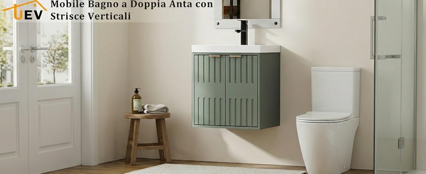 Il testo recita «Mobile Bagno a Rippia Asia.com» e «EV Striscia Vertical». Bagno interno moderno con vasca autoportante bianca e mobili verde salvia.