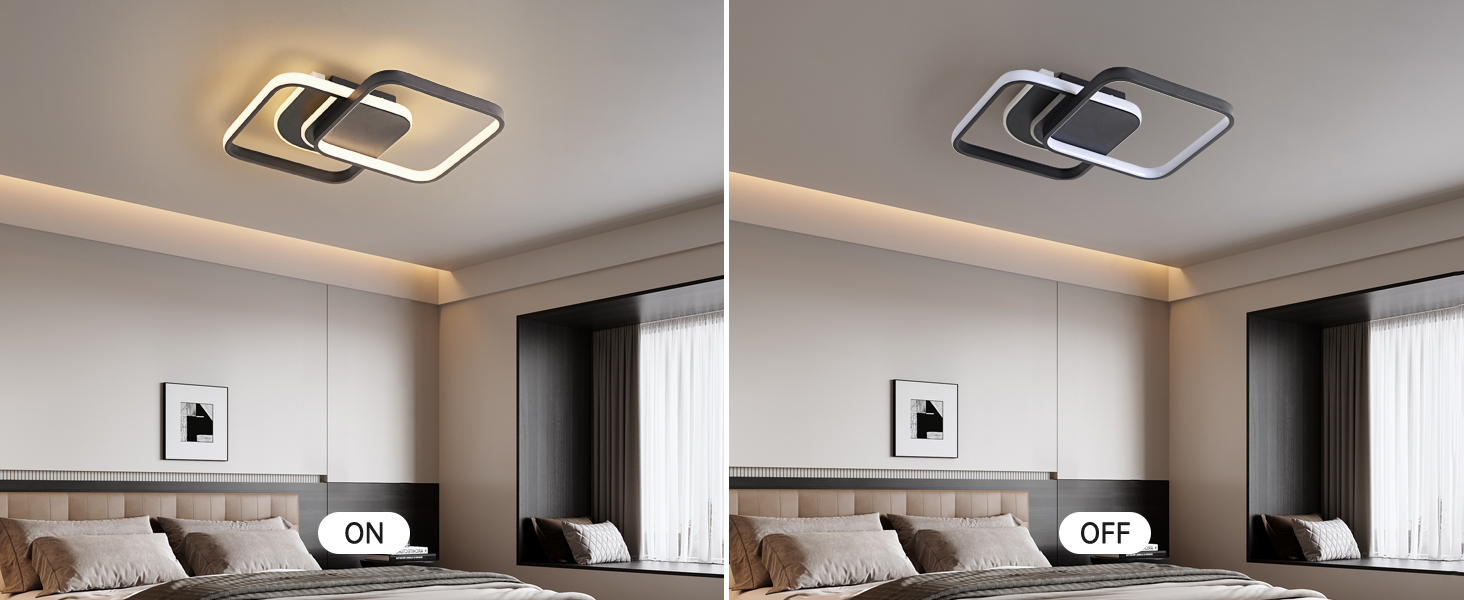 Gegenüberstellung moderner quadratischer Deckenleuchten in einem modernen Schlafzimmer, bei denen dieselbe Leuchte bei unterschiedlichen Lichtverhältnissen zu sehen ist.