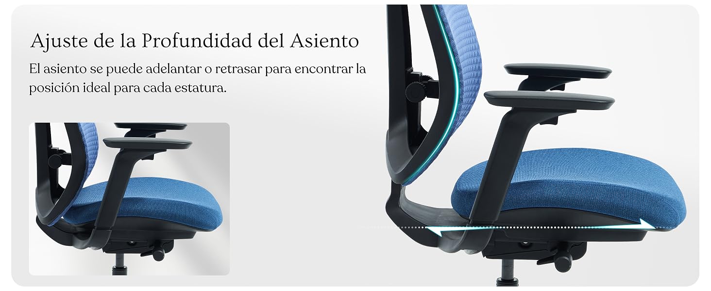 Múltiples vistas de una silla de oficina ergonómica en color azul oscuro, que muestra diferentes ángulos y características de ajuste.