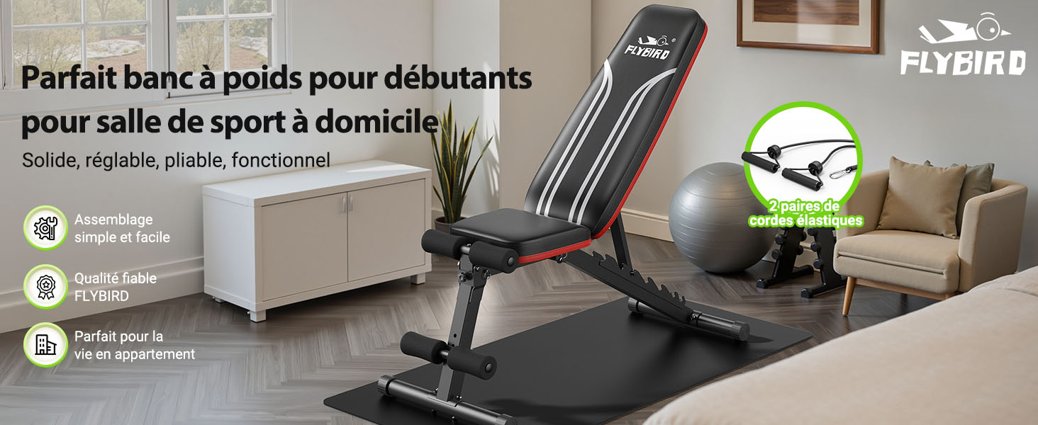 Le texte indique « Parfait hxc à poids pour débutants », qui montre un collage de scènes d'entraînement à domicile avec des appareils d'exercice et des activités de conditionnement physique.