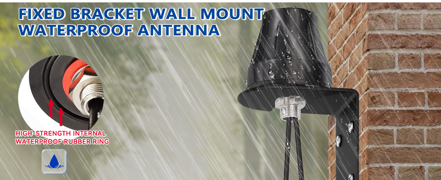 Fixed bracket wall mount waterproof antenna. Shown installed on exterior brick wall with text highlighting its waterproof feature.