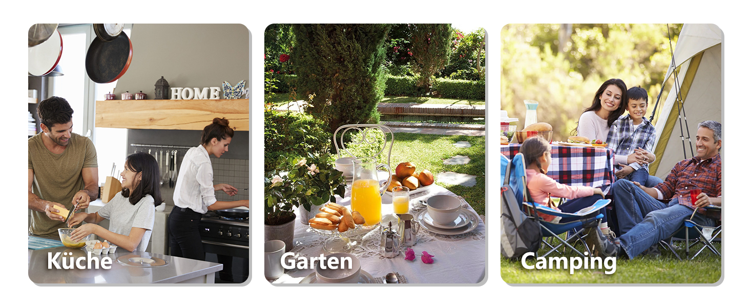 Drei Lifestyle-Bilder mit den Bezeichnungen „Küche“, „Garten“ und „Camping“, die Menschen in entsprechenden Umgebungen zeigen.