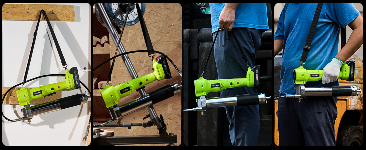 Outil électrique vert vif, probablement un pistolet à clous ou une agrafeuse. Plusieurs images montrent différents angles et scénarios d'utilisation, y compris l'installation au sol.