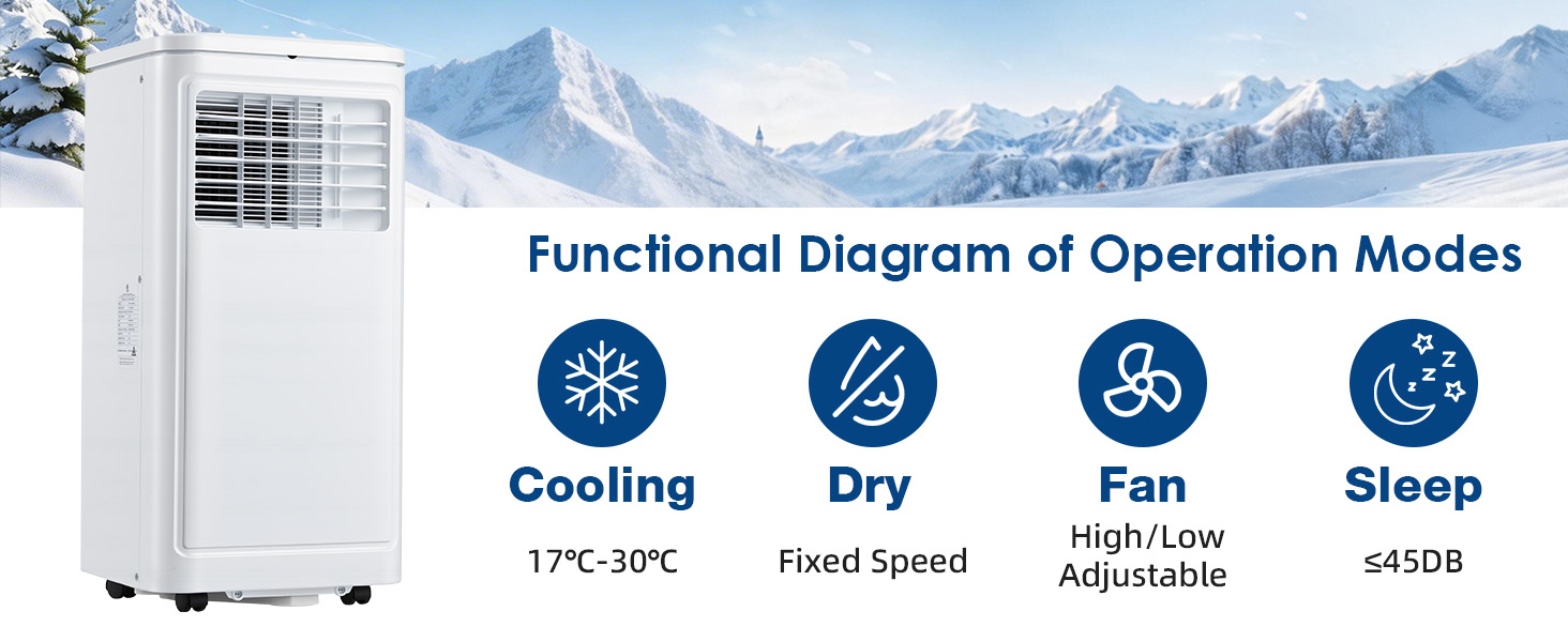 Text reads 'Functional Diagram of Operation Modes' showing icons for 'Cooling', 'Dry', 'Fan', and 'Sleep' modes. Air conditioning unit shown with mountain landscape background.