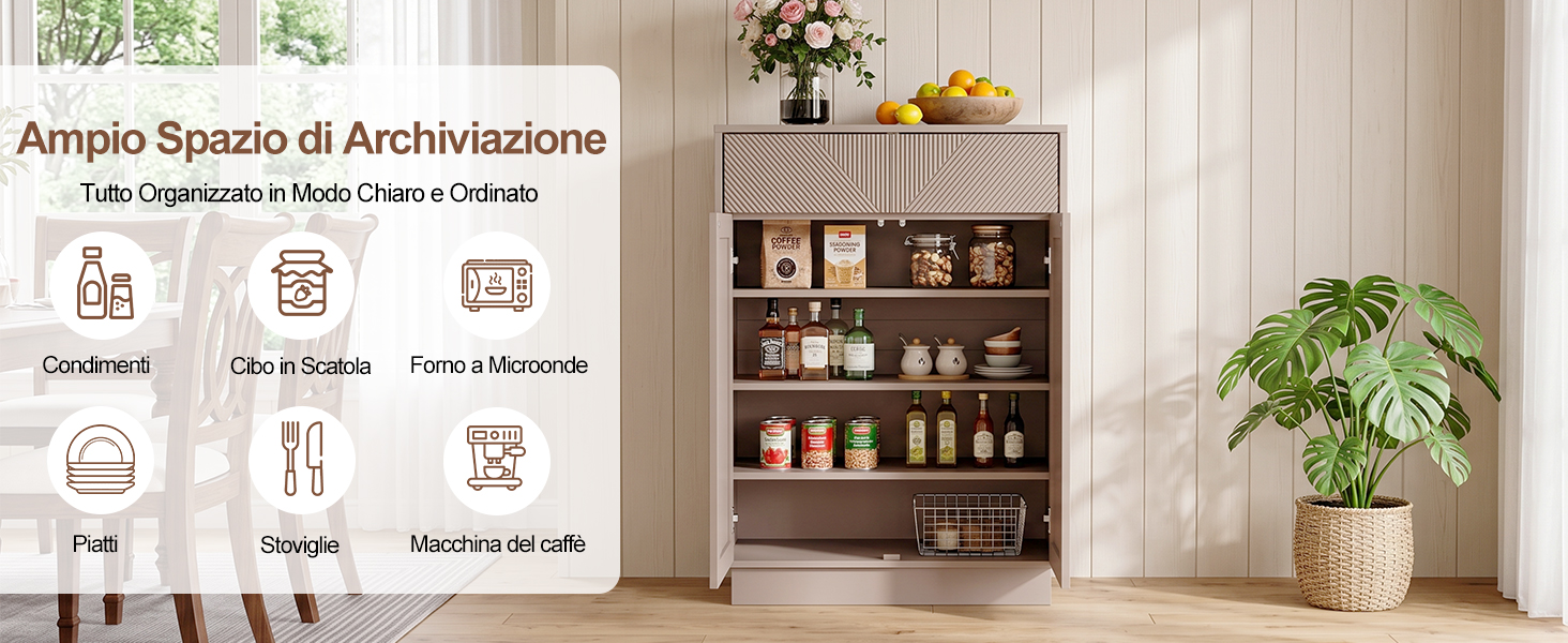 Il testo recita «Ampio Spazio di Archiviazione» e «Talk Organizing in Room Decor». Scaffale portaoggetti con più scomparti che espongono oggetti decorativi, piante e soluzioni di archiviazione in una stanza luminosa con pareti bianche.