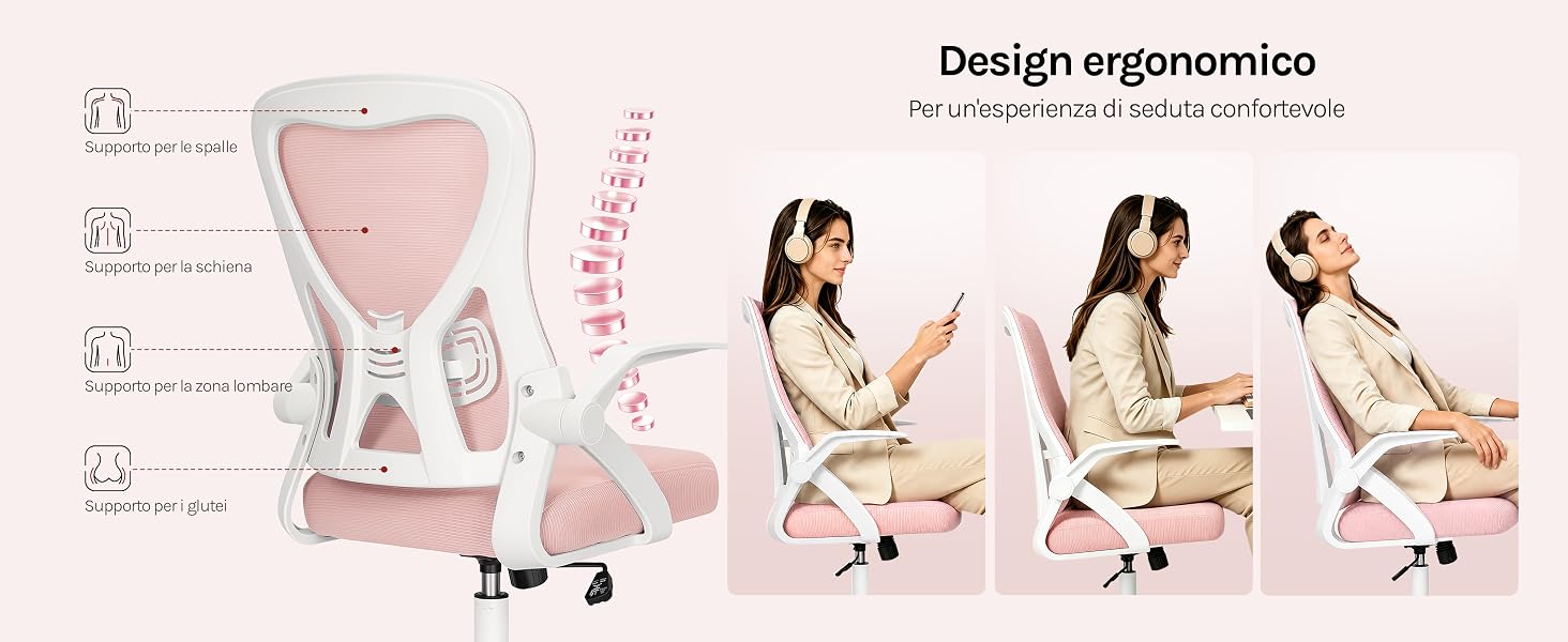Il testo recita: «Design ergonomico». Dispositivo rosa con indicatori di misurazione mostrato con tre foto dimostrative di una donna che utilizza il prodotto in diverse posizioni sedute su sfondo rosa.