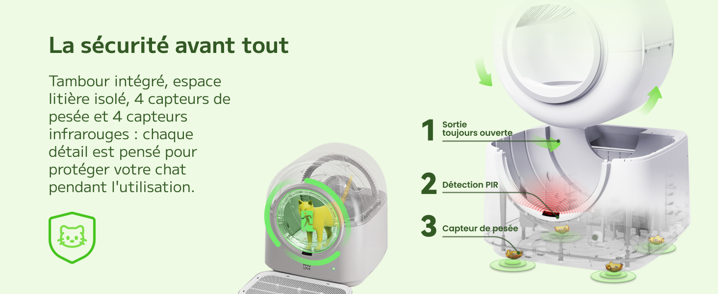 Le texte indique « La sécurité avant tout » avec des caractéristiques de sécurité numérotées (1, 2, 3). Produit illustré avec une icône en forme de bouclier protecteur. Dispositif diffuseur blanc et transparent affiché avec une illustration colorée de gouttelettes d'eau.