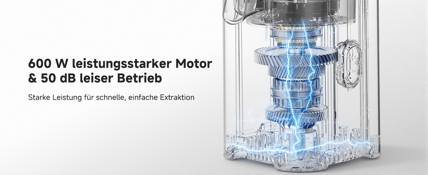 Text lautet '600 W Wildstärkester Motor &amp; 50 dB all leiser Betrieb'. Weißer Innenraum des Geschirrspülers mit blau getönter Waschanlage und in Betrieb befindlichen Sprüharmen.