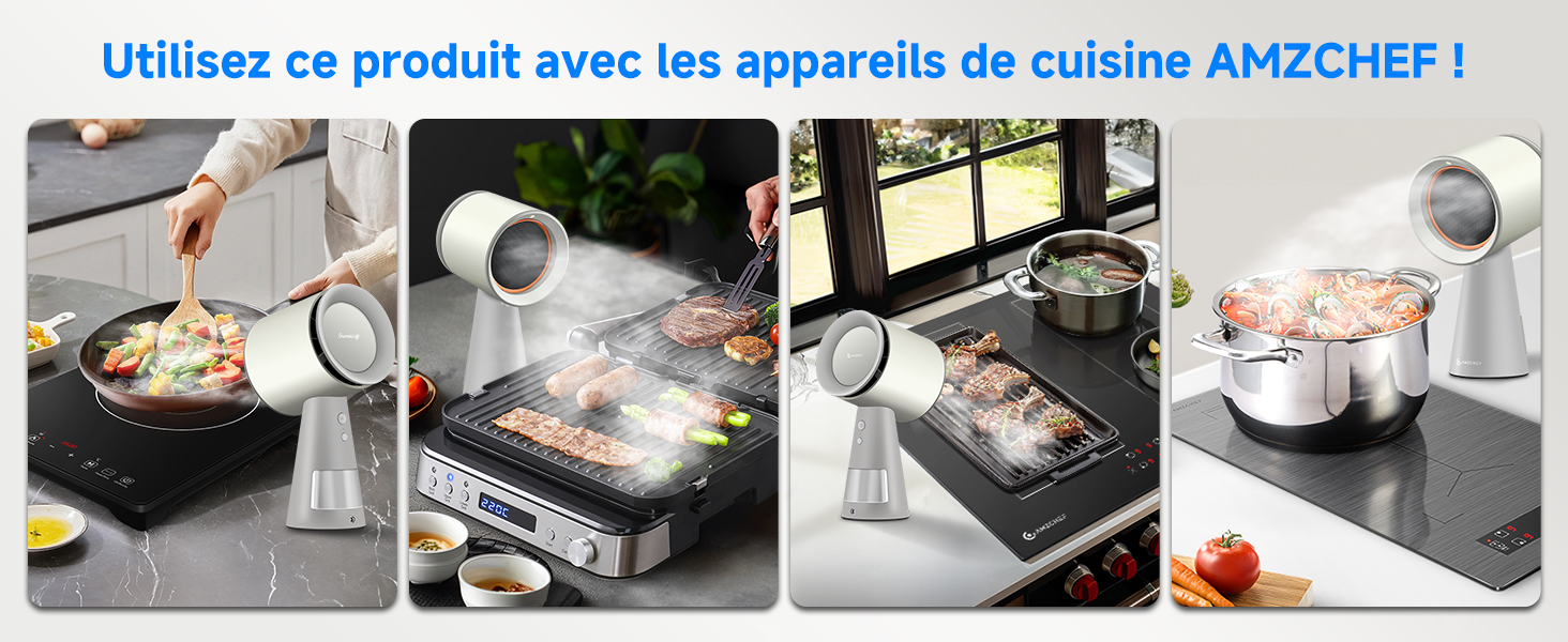 Le texte se lit comme suit : « Utilisez ce produit avec les appareils de cuisine AMZCHEF ! » Panneaux multiples montrant un appareil de cuisine utilisé pour cuire divers plats sur un plan de travail.