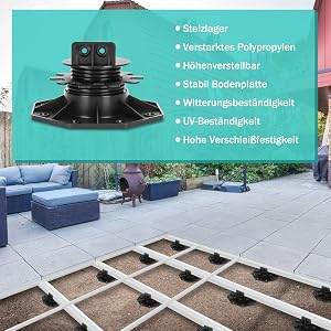 Support de terrasse ajustable pour revêtement de sol extérieur. Les caractéristiques comprennent le réglage de la hauteur, la résistance aux intempéries, la résistance aux UV et une plaque de base stable. Scène de terrasse extérieure montrée.