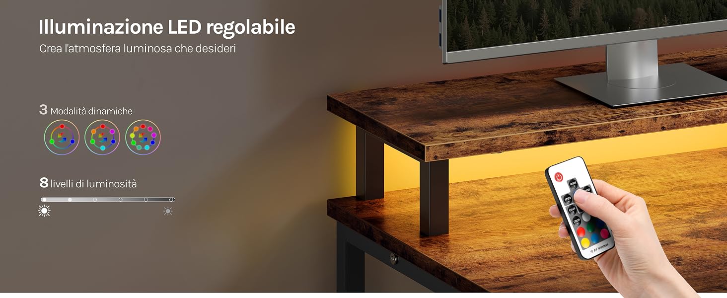 Il testo dice 'Illuminazione LED regolabile'. Diverse immagini del prodotto che mostrano una striscia luminosa a LED montata sotto mobili in legno con funzionalità di controllo remoto e regolazione della luminosità.