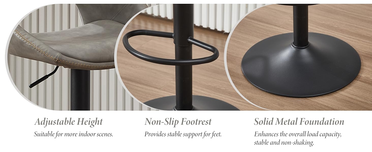 Text reads 'Adjustable Height', 'Non-Slip Layered', 'Solid Metal Foundation'. Close-up images showing details of an adjustable metal stand base with non-slip features.