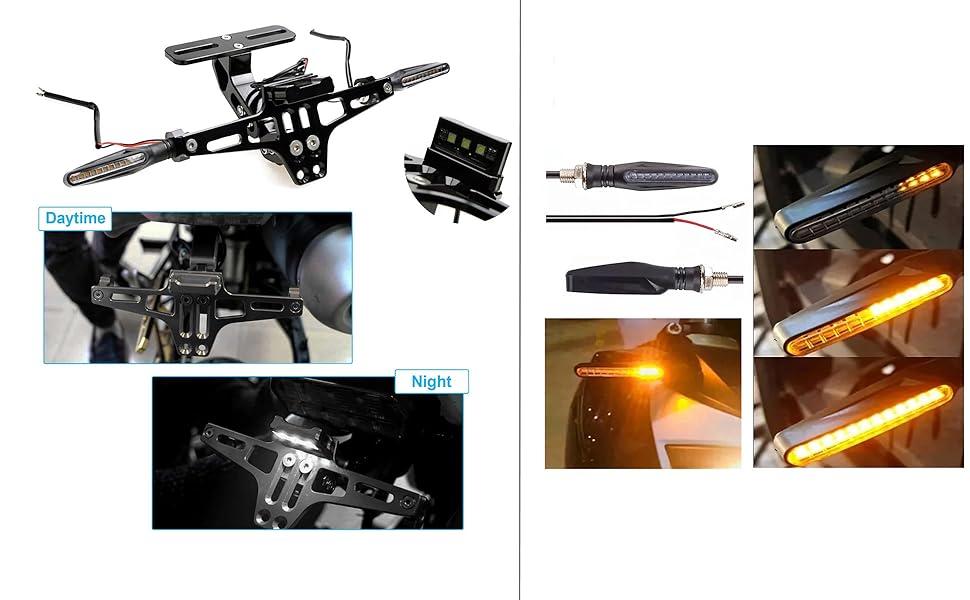 Châssis de drone avec plusieurs composants : corps principal, bras d'hélice et lumières LED. Les images montrent des vues diurnes et nocturnes, des gros plans du cadre et des clignotants orange en action