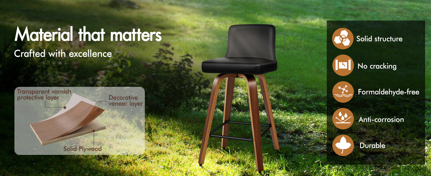 Text reads 'Material that matters' and 'Certified with excellence'. Outdoor product display showing wooden furniture on grass with icon-based feature indicators.