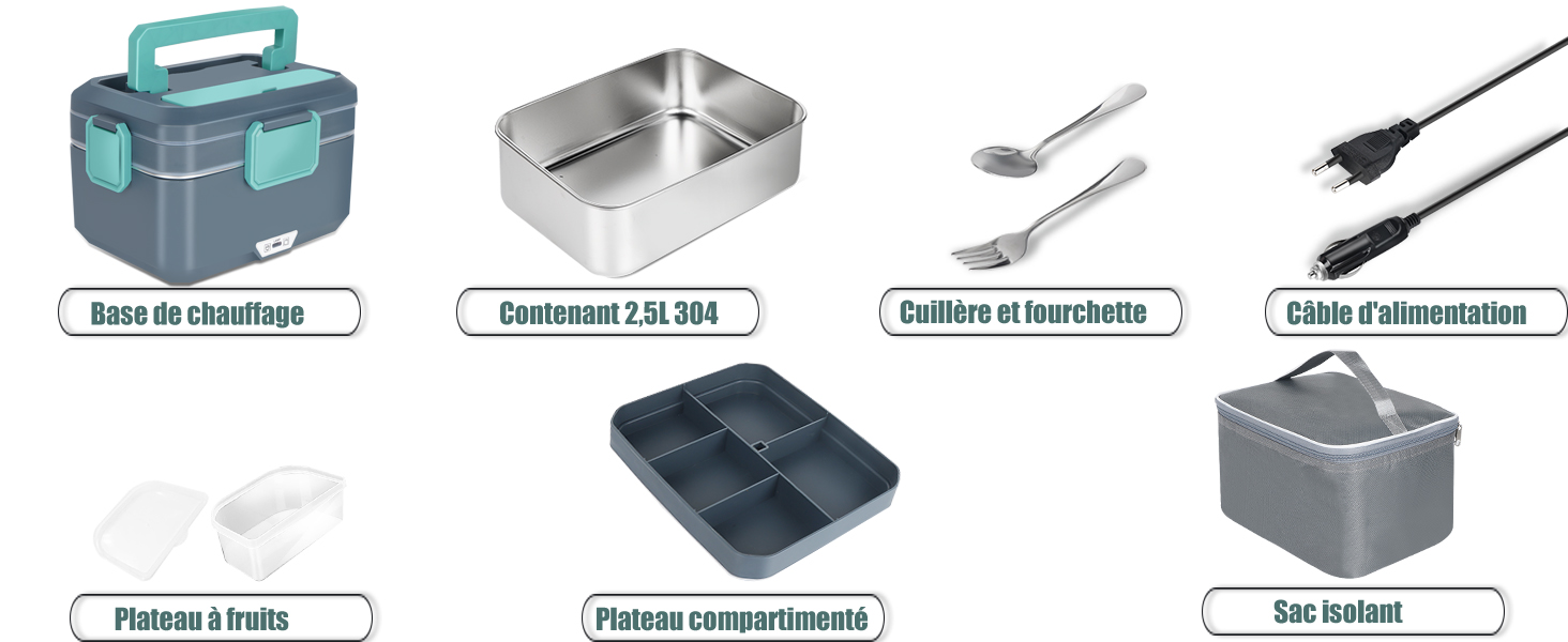 comprenant une boîte de rangement, une marmite, des ustensiles, un cordon d'alimentation, un plateau divisé et un seau pliable