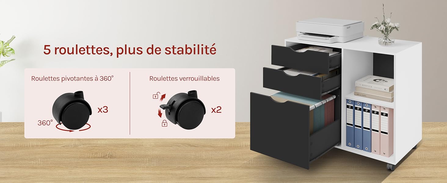 caisson bureau meuble rangement armoire 3 tiroirs 2 compartiments casiers ouverts 5 roulettes