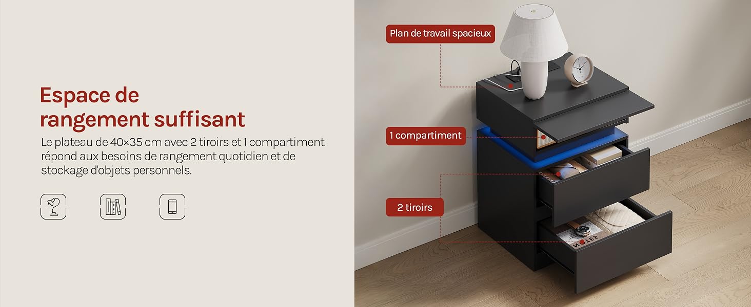 Le texte indique « Espace de rangement suffisant ». Compartiment de rangement ou tiroir noir représenté sous différents angles sur fond blanc.